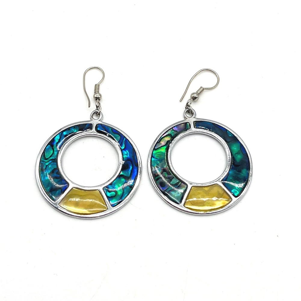 Abalone Shell Style Enamel Inlay Circular Drop Earrings Silver Tone Blue Green